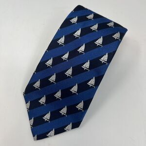 Lands' End 100% Silk Men's Blue Neck Tie - Made In Usa - Sailing Ships - Necktie